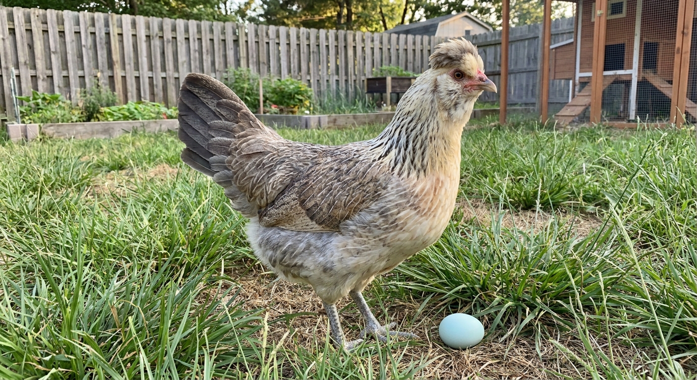 A Cream Legbar hen with a small crest standing in grass near a blue egg in a backyard setting