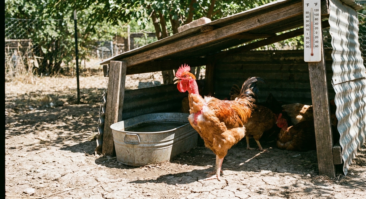 A Naked Neck chicken standing near a shaded waterer in a backyard run during hot summer weather