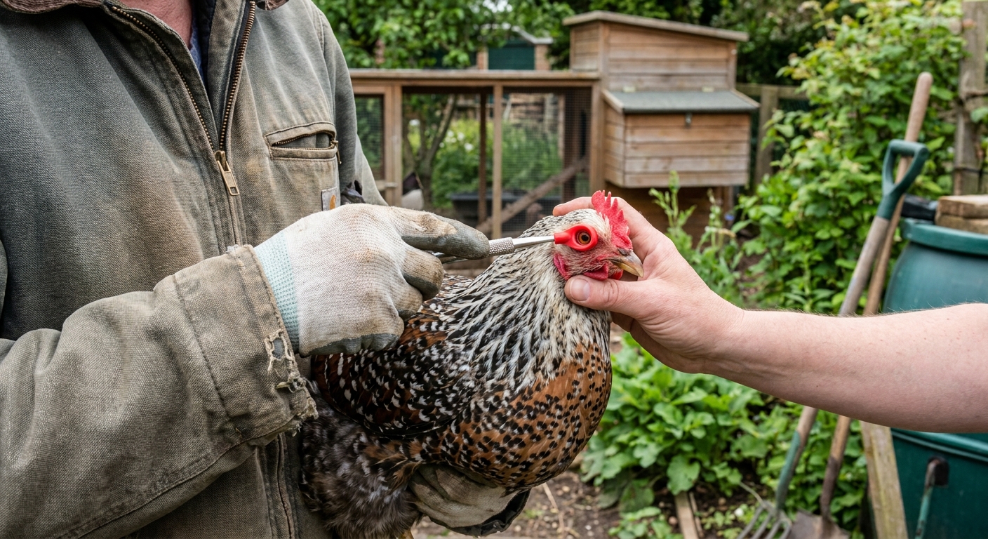 A backyard chicken being gently held while a keeper fits pinless peepers using a small applicator tool