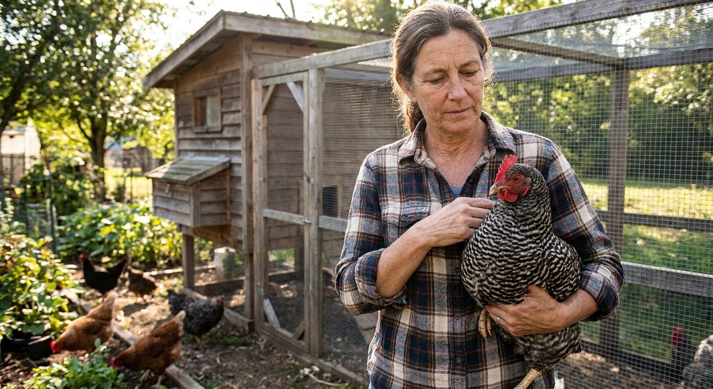 A backyard chicken keeper gently holding a calm hen while checking her body condition near a coop run