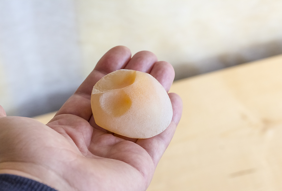A backyard chicken keeper holding a soft-shelled egg that looks rubbery and slightly translucent, photographed in natural light