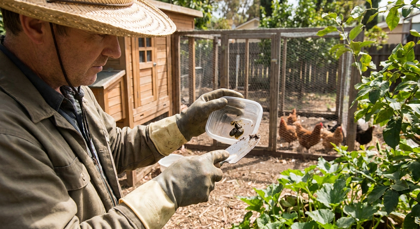A backyard chicken keeper wearing gloves inspecting fresh chicken droppings in a small plastic container outdoors.