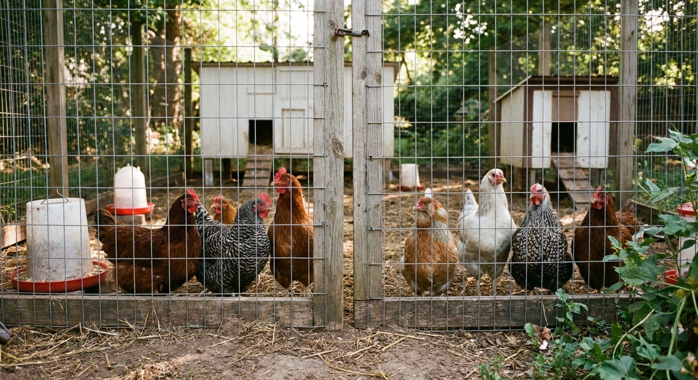 A backyard chicken run divided by a wire panel, with two groups of hens calmly observing each other from either side