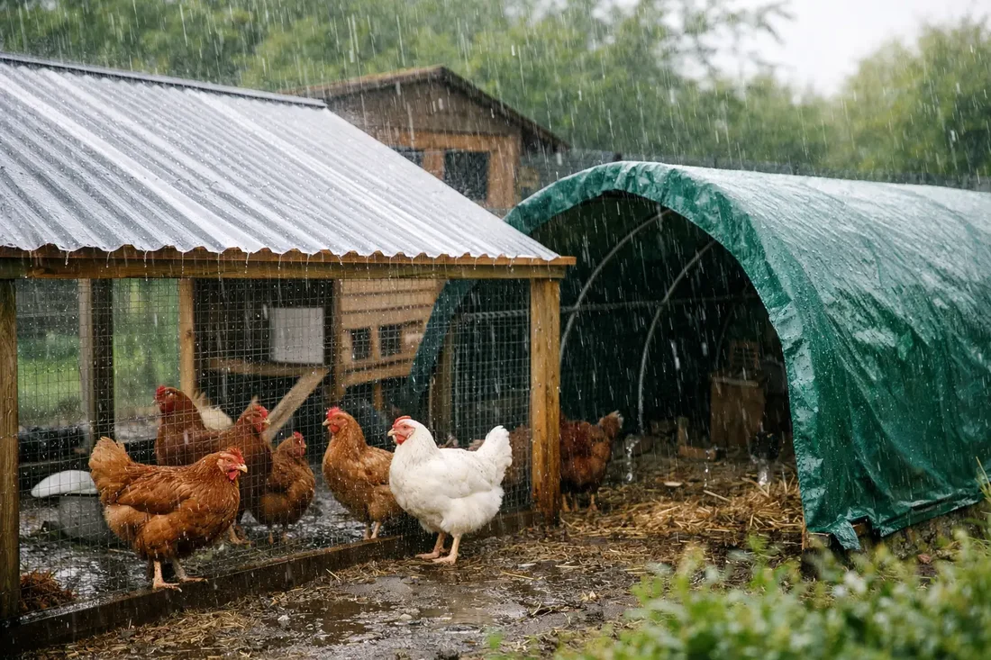 A backyard chicken run in winter with a clear windbreak panel attached to the side and dry straw on the ground, with hens walking around
