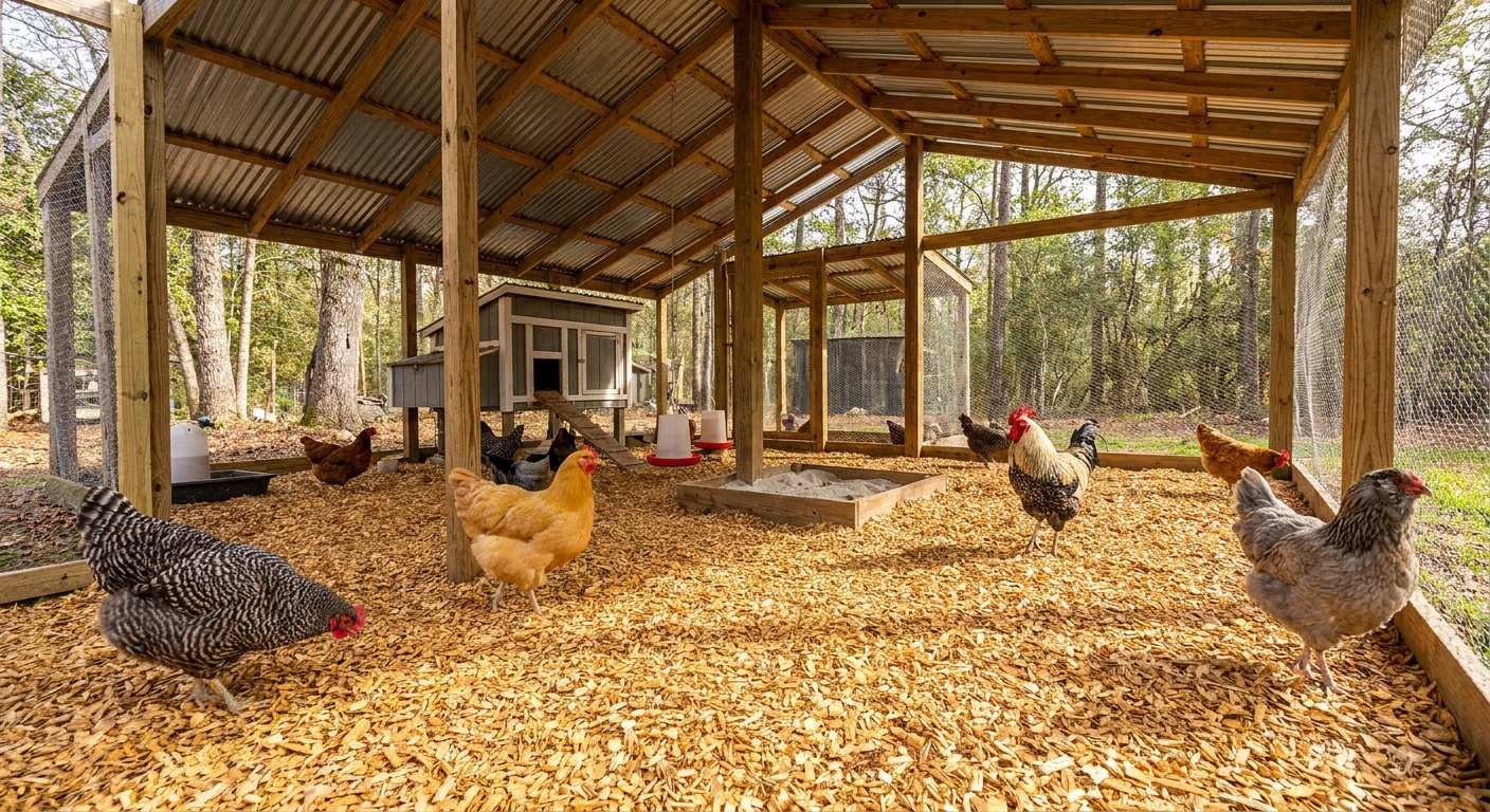 A backyard chicken run interior with a thick layer of fresh wood chips on the ground and chickens scratching near a covered section
