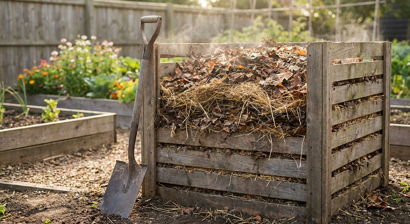 A backyard compost pile made from used chicken bedding and leaves in a bin, with a shovel resting nearby and a garden in the background