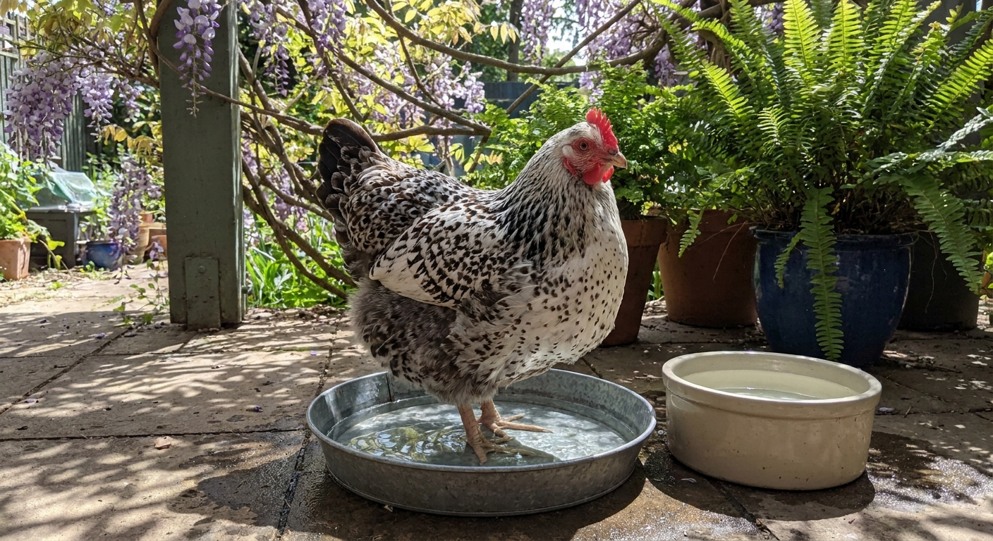 A backyard hen standing calmly with her feet in a shallow pan of cool water on a shaded patio, with a nearby bowl of fresh water