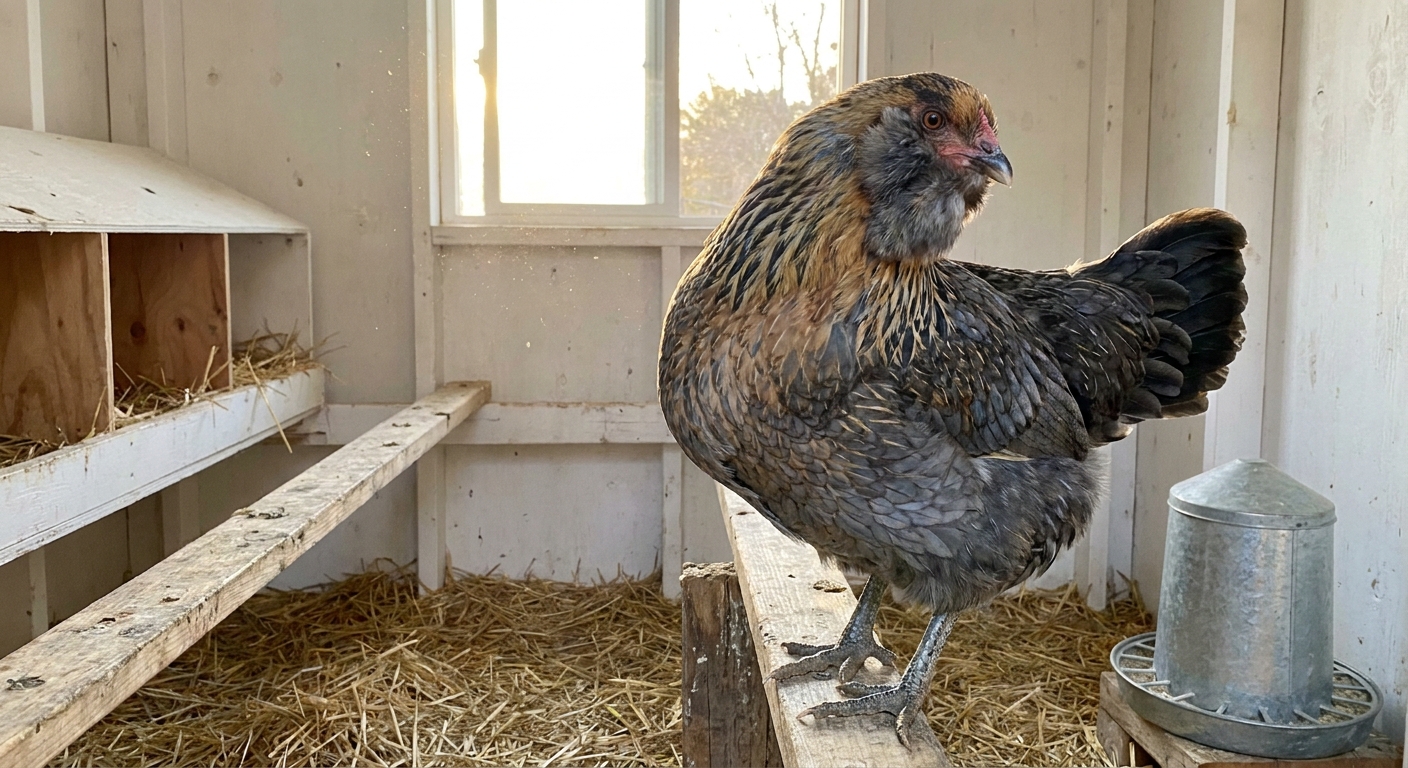 A bearded Ameraucana chicken perched on a roost inside a clean backyard coop with soft morning light