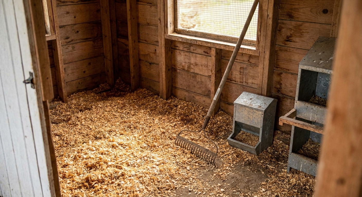 A chicken coop floor covered in a thick layer of clean pine shavings with a rake leaning against the wall, ready for bedding maintenance