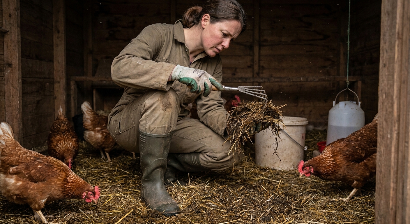 A chicken keeper kneeling inside a coop and lifting damp bedding with a small rake, checking for wet spots and odor sources