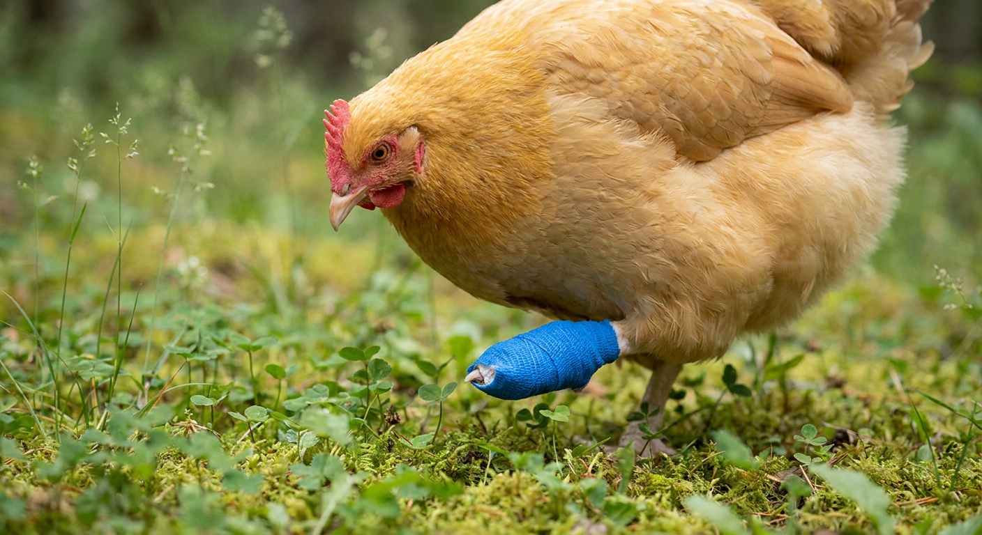 A chicken standing on a soft surface with one foot wrapped in a neat vet wrap bandage forming a small protective boot