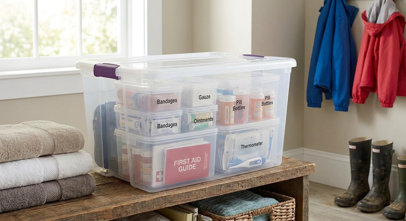 A clear plastic latching storage tote with smaller containers inside for organizing medical supplies, sitting on a shelf in a mudroom