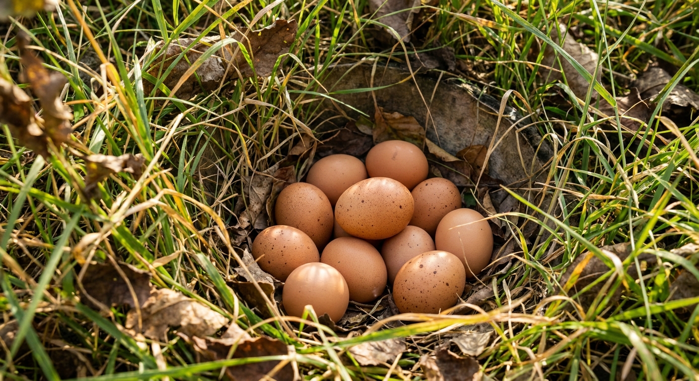 A clutch of brown eggs nestled in a shallow depression under tall grass and leaves, hidden from view in a backyard