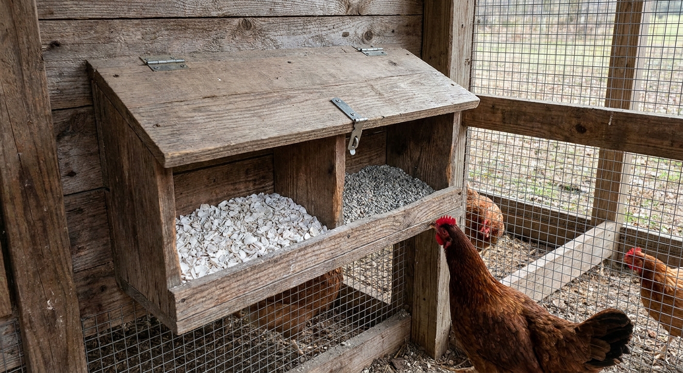 A covered dual-compartment mineral feeder attached to a wooden chicken run wall, one side holding crushed oyster shell and the other holding granite grit