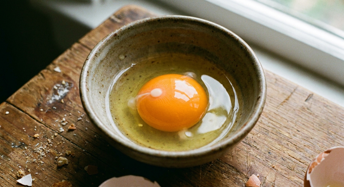 A cracked raw egg in a small bowl with a visible pale germinal disc on the surface of the yolk.