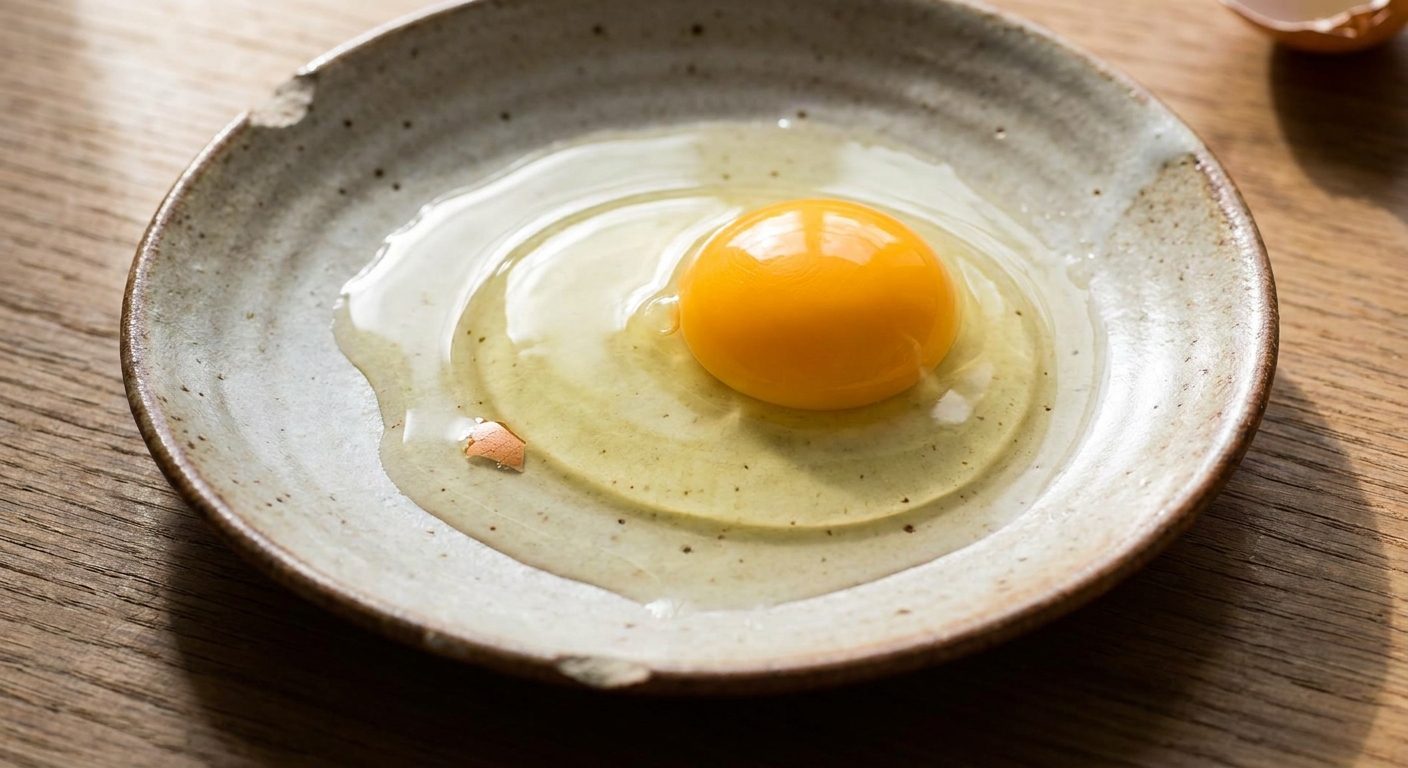 A cracked raw egg on a plate with a small tan fleck visible in the egg white.