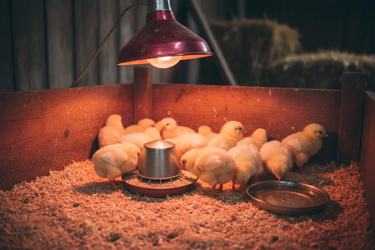 A farm store chick brooder setup with pine shavings, a heat lamp, a waterer, and a feeder, with several chicks gathered comfortably