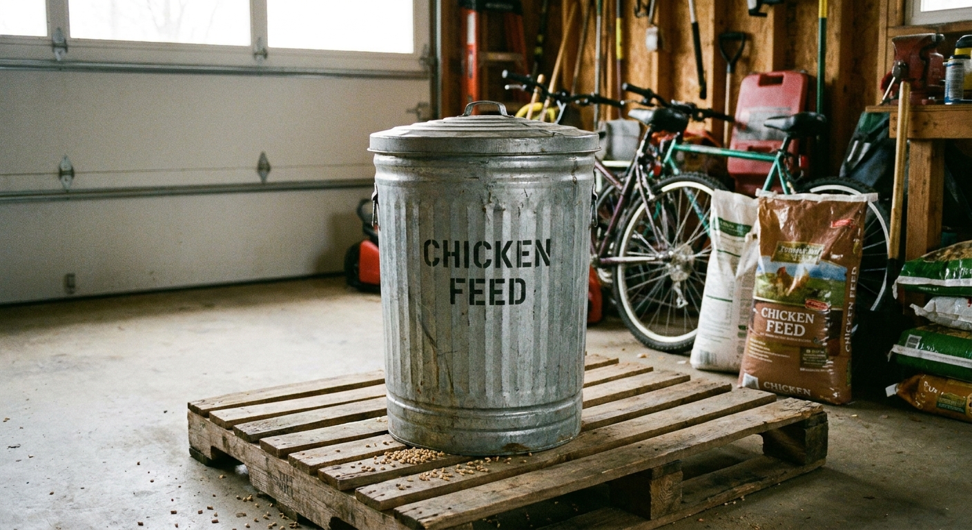 A galvanized metal trash can with a tight-fitting lid used for chicken feed storage in a garage, sitting on a wooden pallet