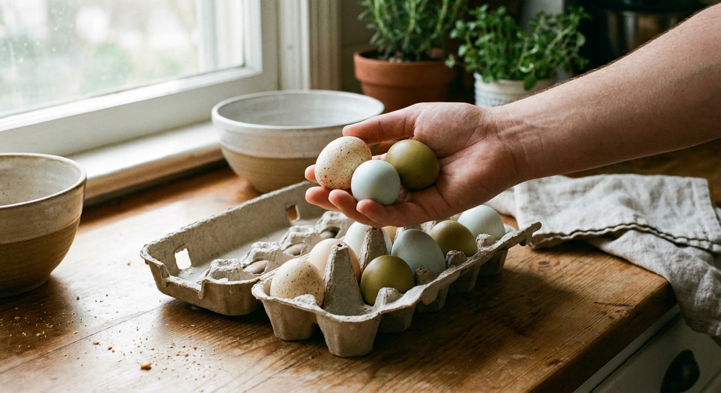 A hand holding a few small bantam chicken eggs over a rustic egg carton on a kitchen counter, natural morning light