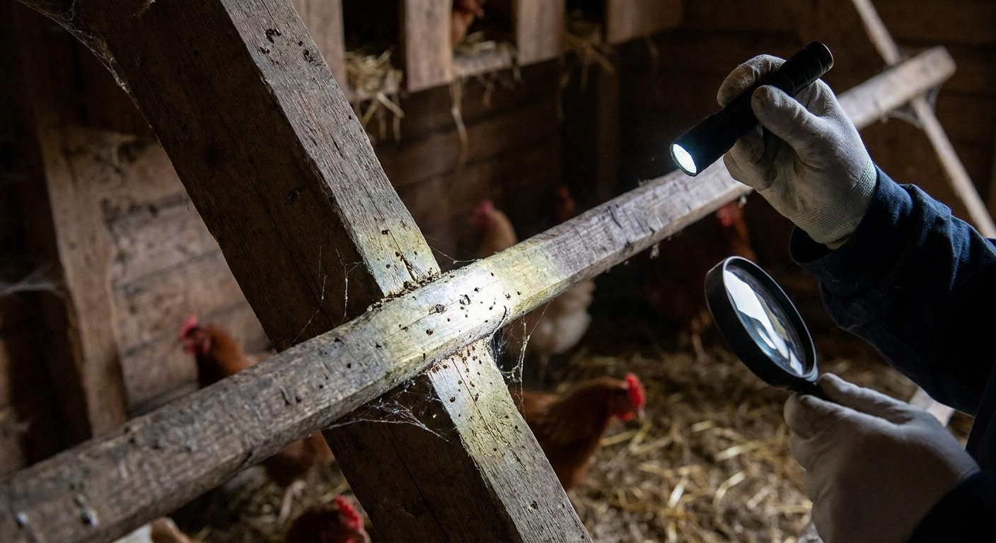 A hand holding a flashlight close to a wooden roost bar inside a backyard chicken coop, inspecting the joints and cracks for mites