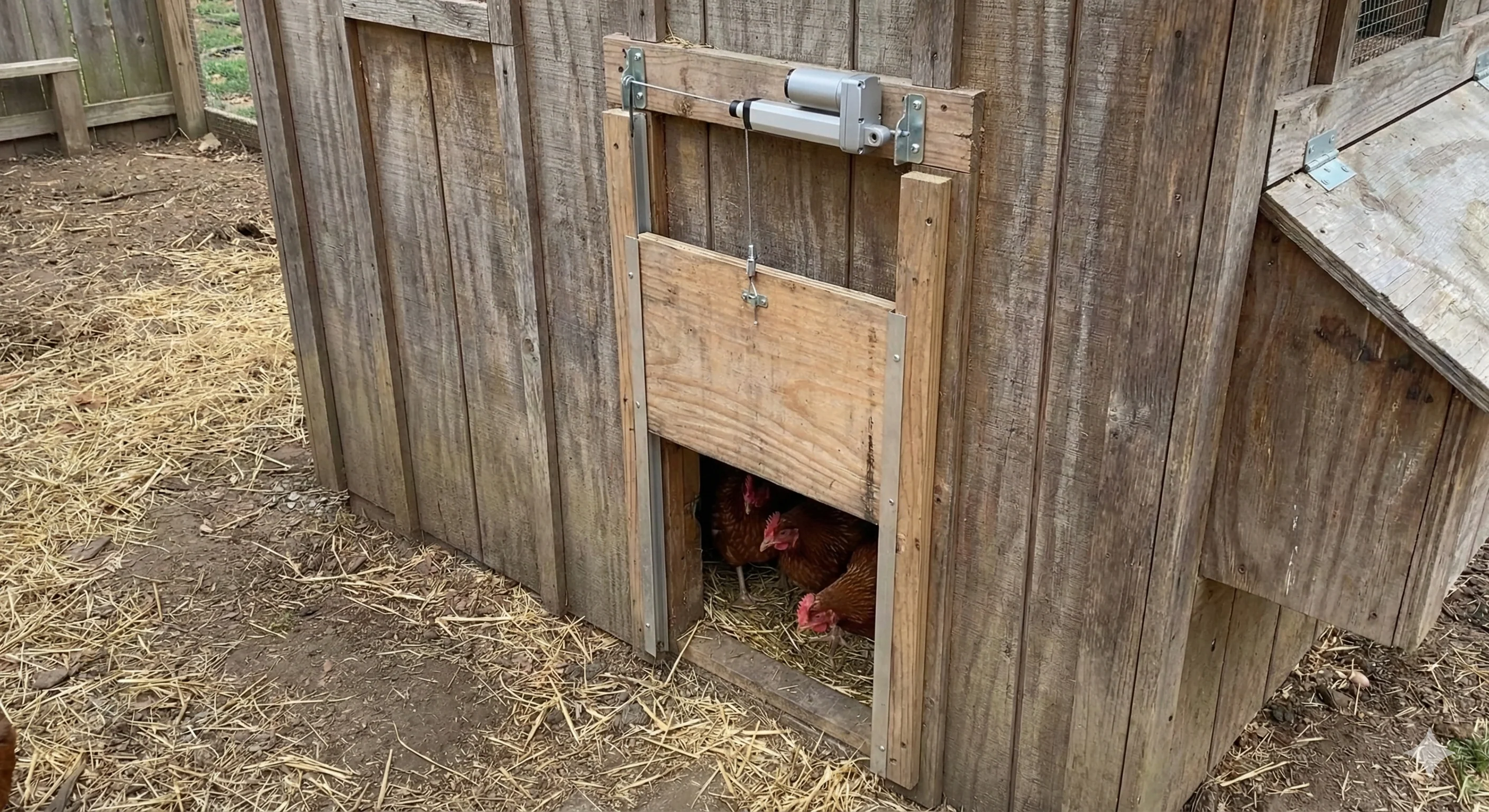 A hand holding a tape measure against a chicken coop pop door opening on a wooden backyard coop