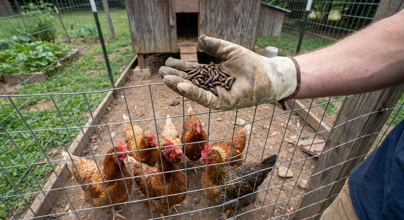 A hand holding dried black soldier fly larvae over a backyard chicken run while hens gather below