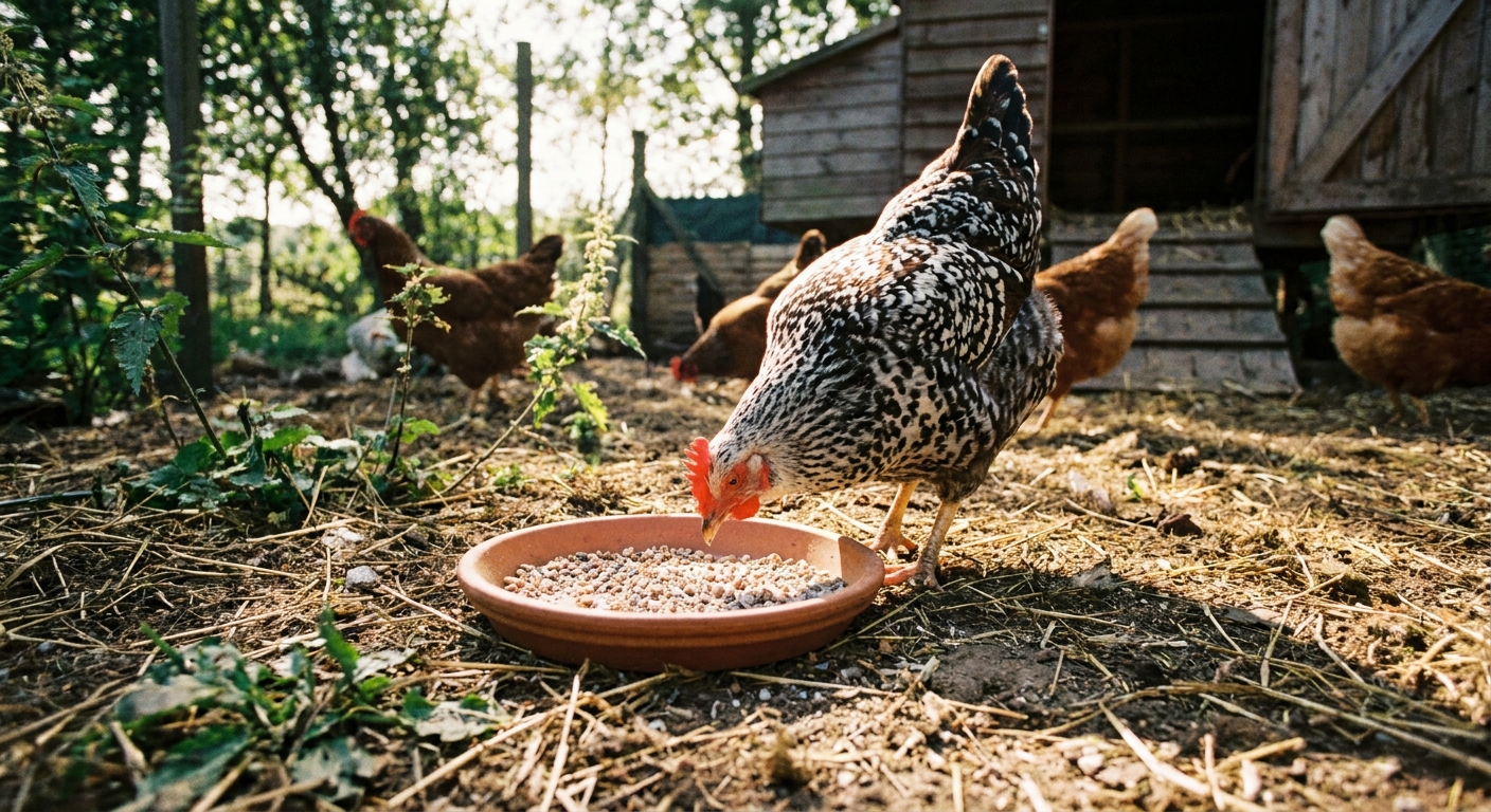 A healthy hen pecking at small granite grit from a shallow dish in a chicken run