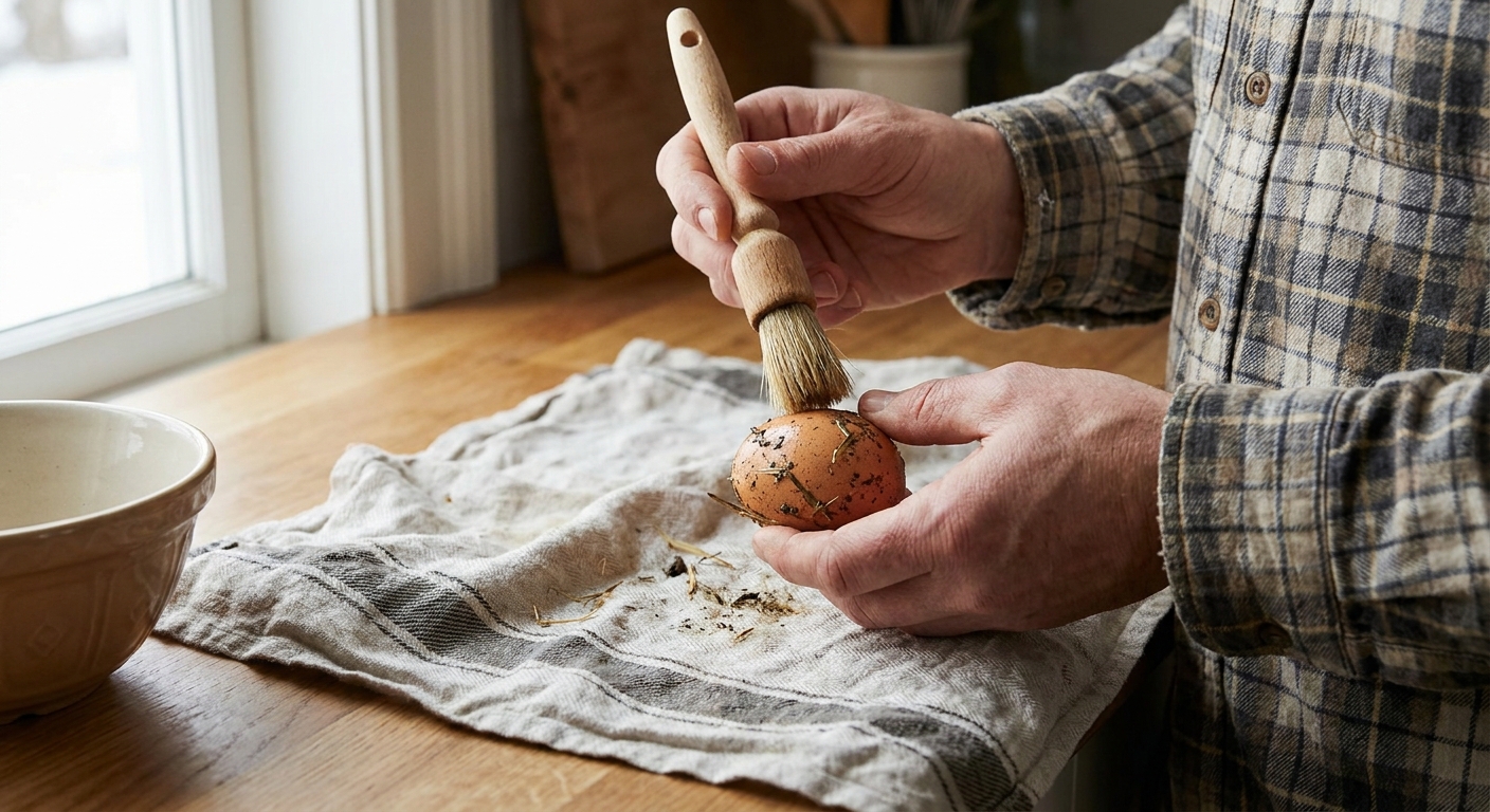 A person gently brushing a slightly dirty egg with a small soft brush over a kitchen towel