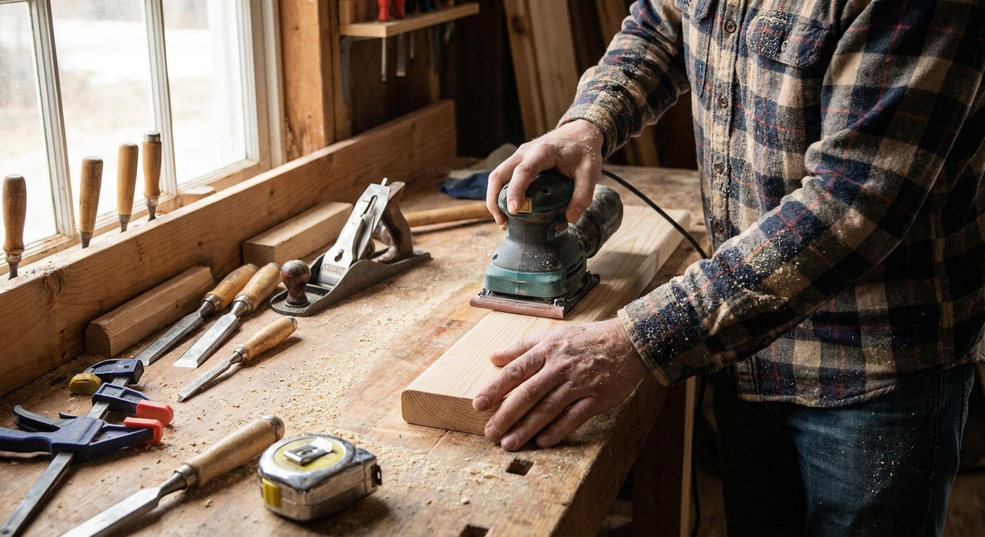 A person sanding and rounding the edge of a wooden 2x4 roost bar on a workbench with tools nearby