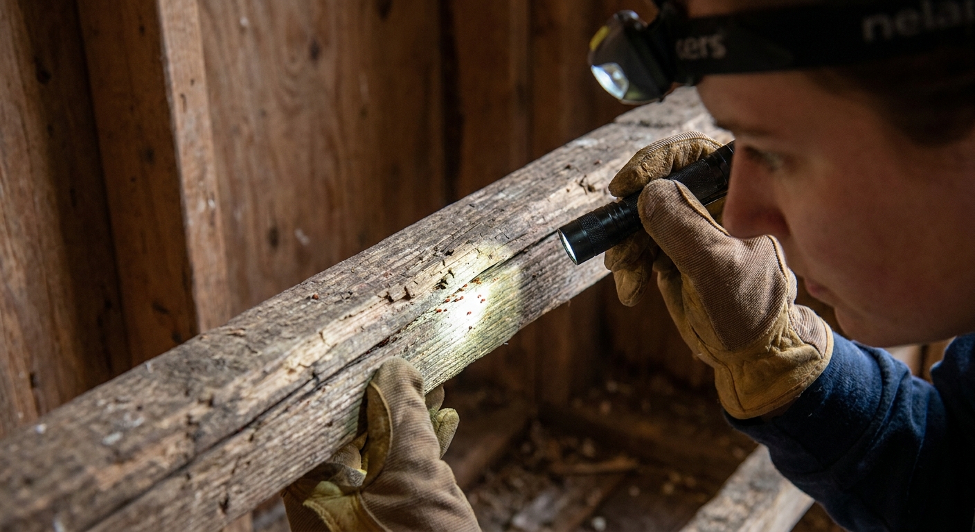 A person wearing gloves inspecting a wooden chicken roost bar with a flashlight, looking for tiny red mites in the cracks