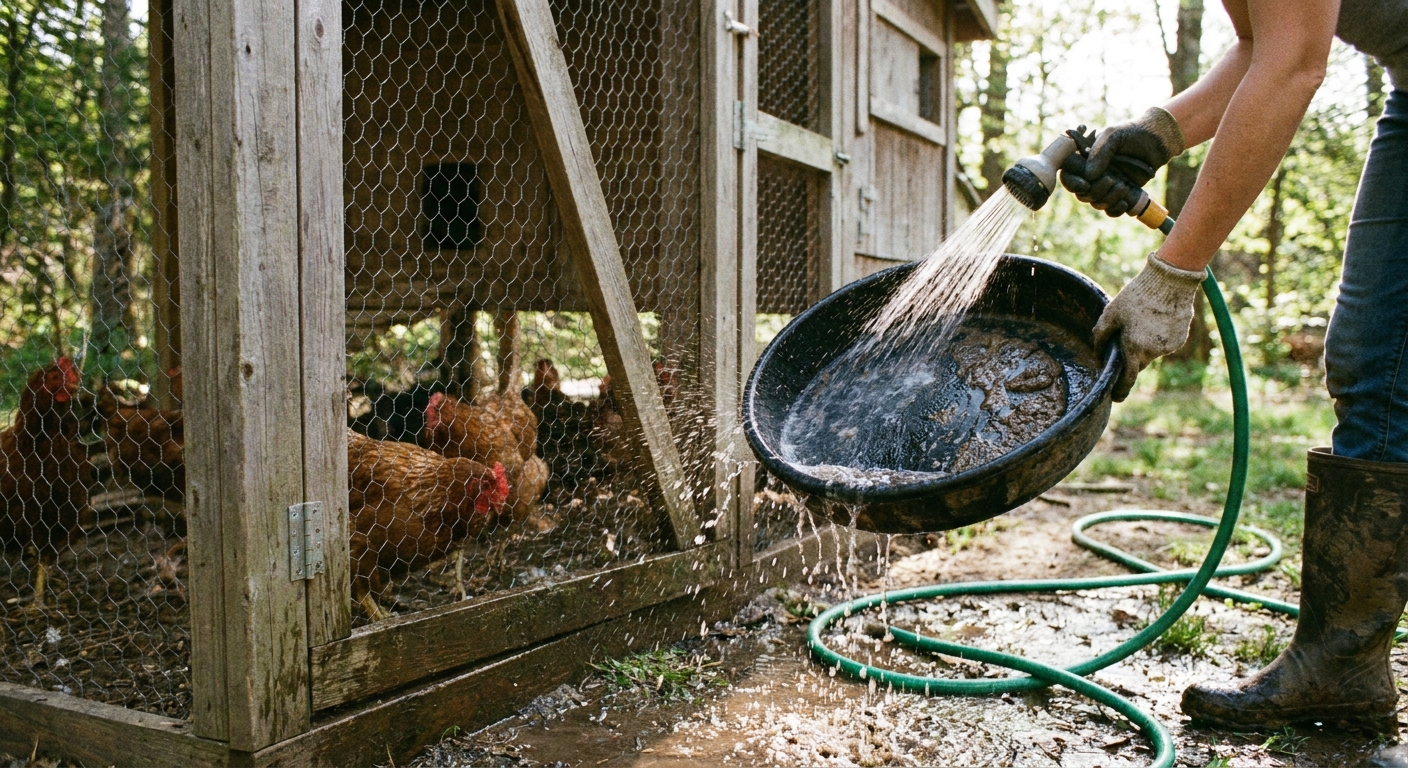 A photo of a black rubber feed pan being rinsed with a garden hose near a backyard chicken run