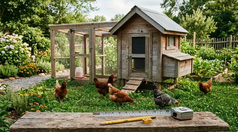 A predator-proof backyard chicken run covered with hardware cloth on the sides and roof, with several hens scratching on dry ground
