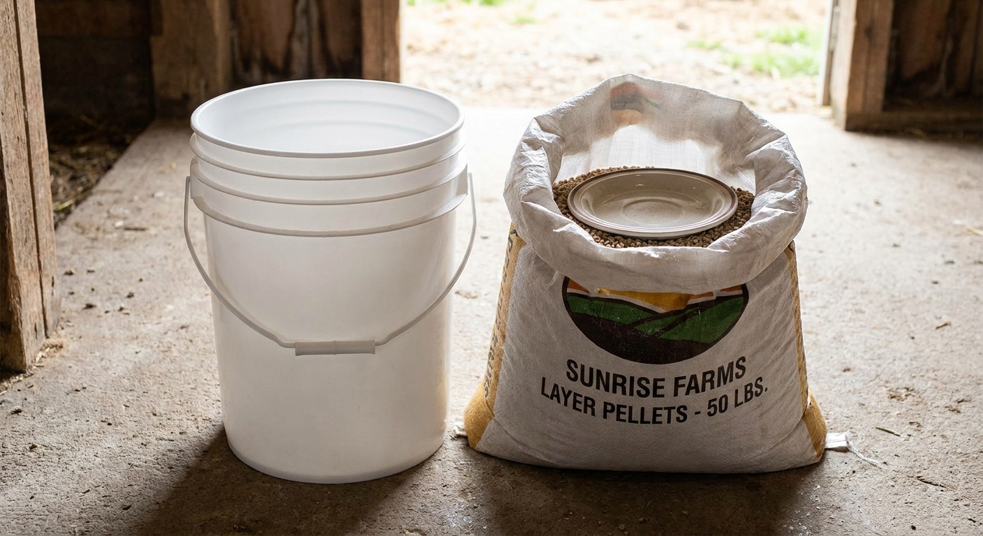 A real-life photo of a clean, food-grade bucket next to a bag of layer pellets and a small plate used as a weight