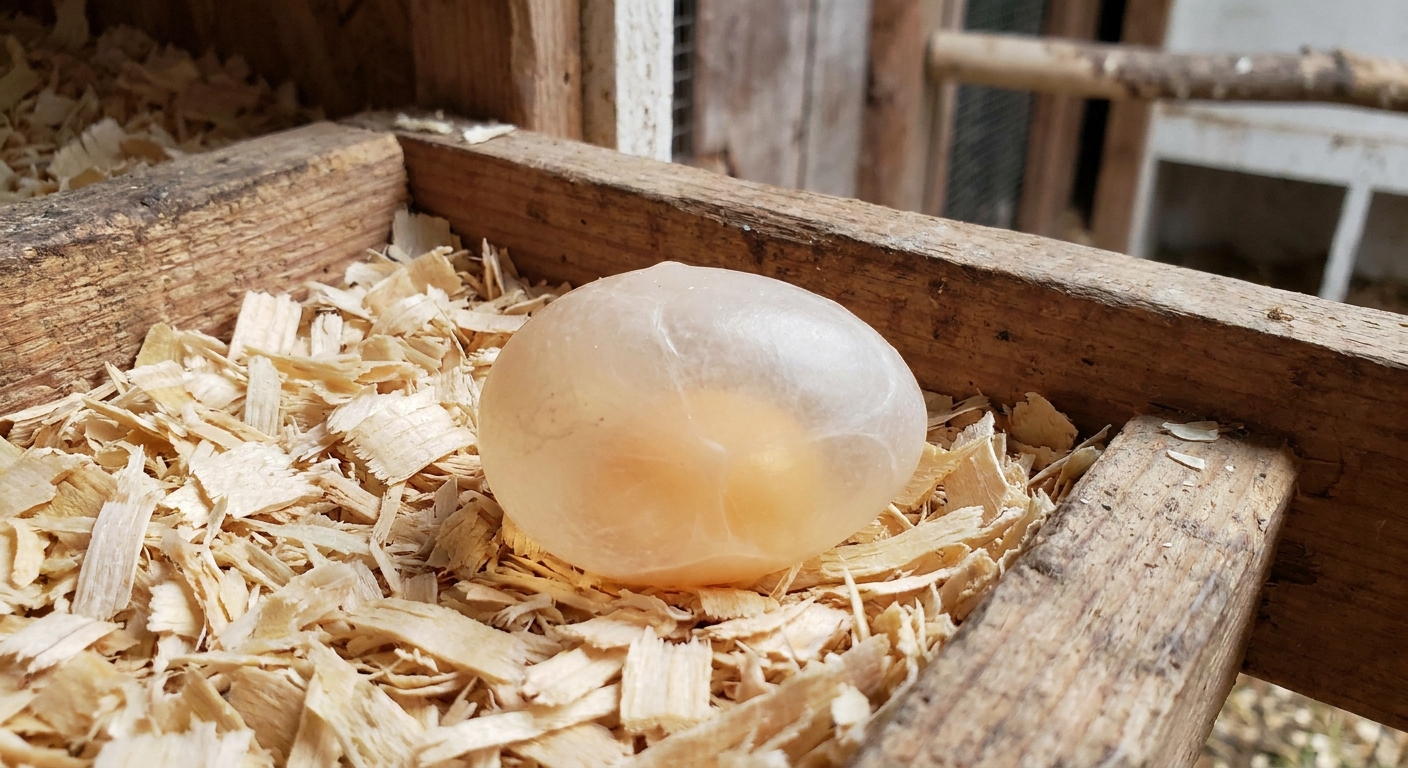 A shell-less egg sitting in clean pine shavings inside a nesting box, appearing translucent with no hard shell