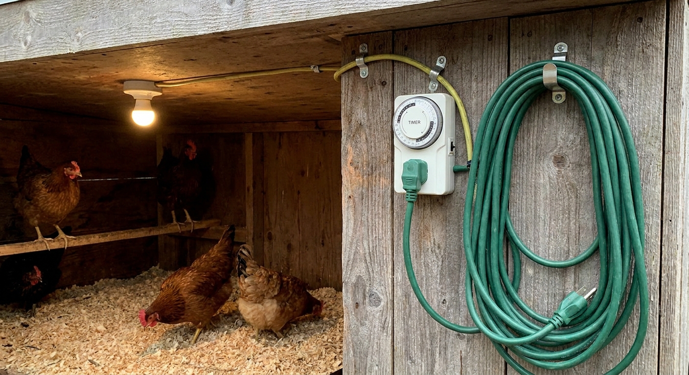 A simple plug-in timer and outdoor-rated extension cord mounted neatly on a coop wall above bedding level, with a small LED bulb fixture installed on the ceiling