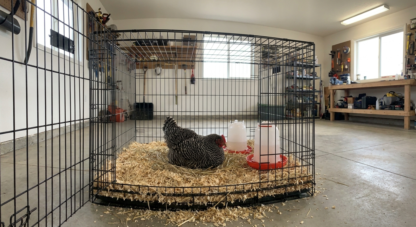 A single hen resting inside a large pet crate lined with clean bedding, with a separate waterer and feeder, set in a well-lit garage