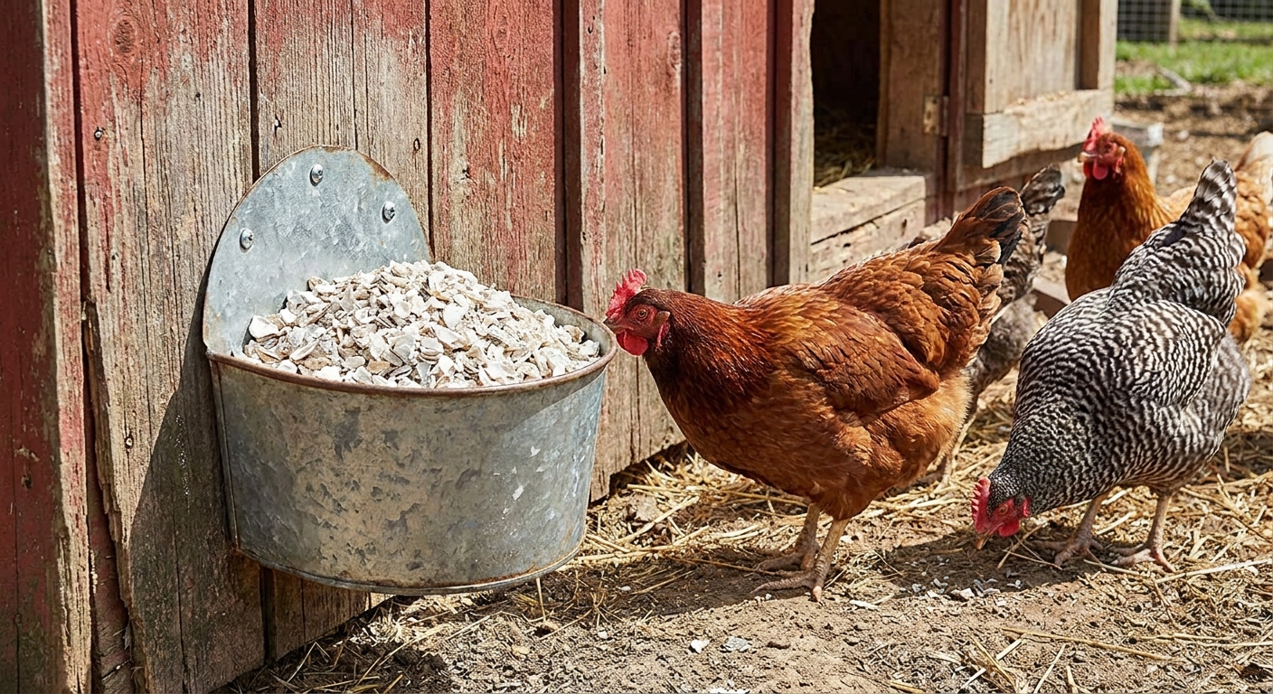 A small cup-style feeder of crushed oyster shell mounted on a coop wall with hens nearby