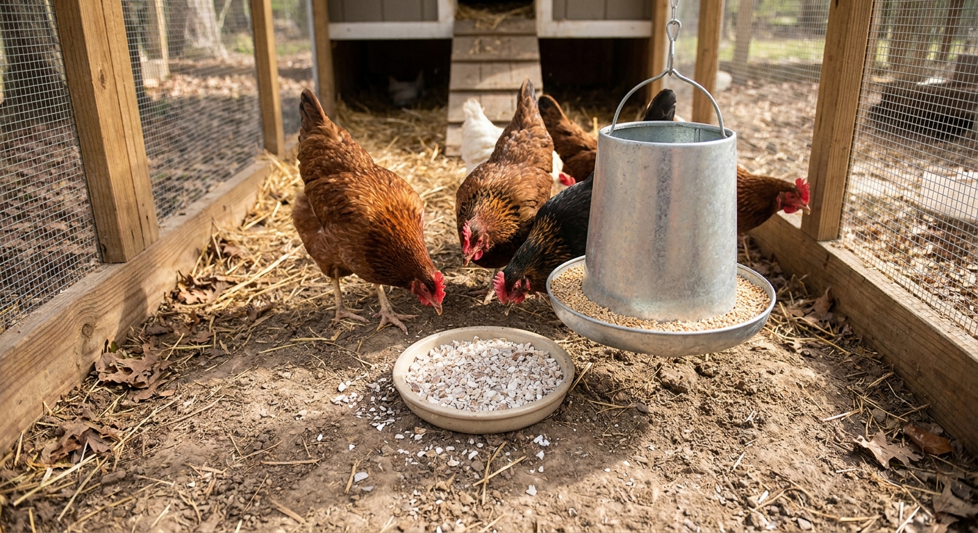 A small dish of oyster shell granules placed inside a chicken run on dry ground beside a hanging feeder.