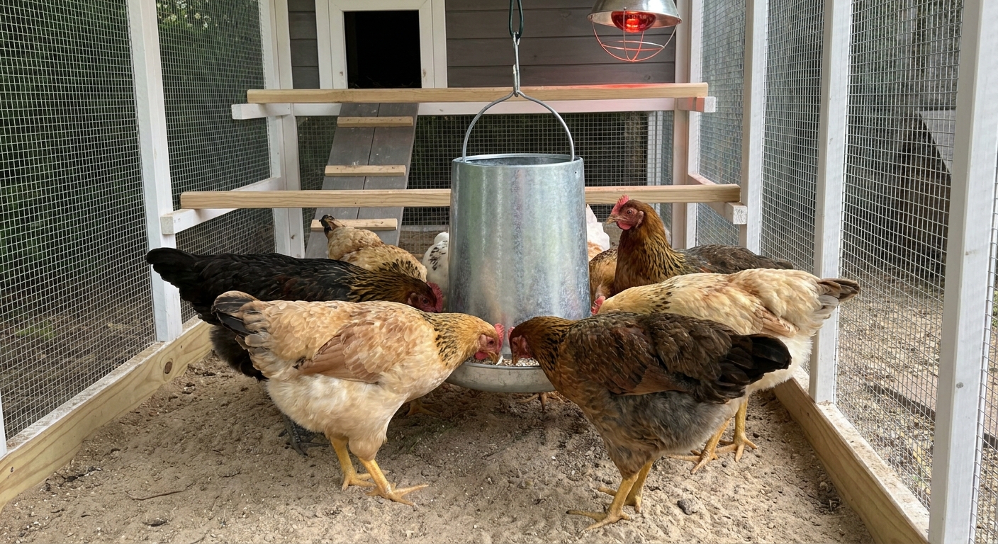 A small flock of adolescent pullets eating from a hanging feeder inside a clean coop run