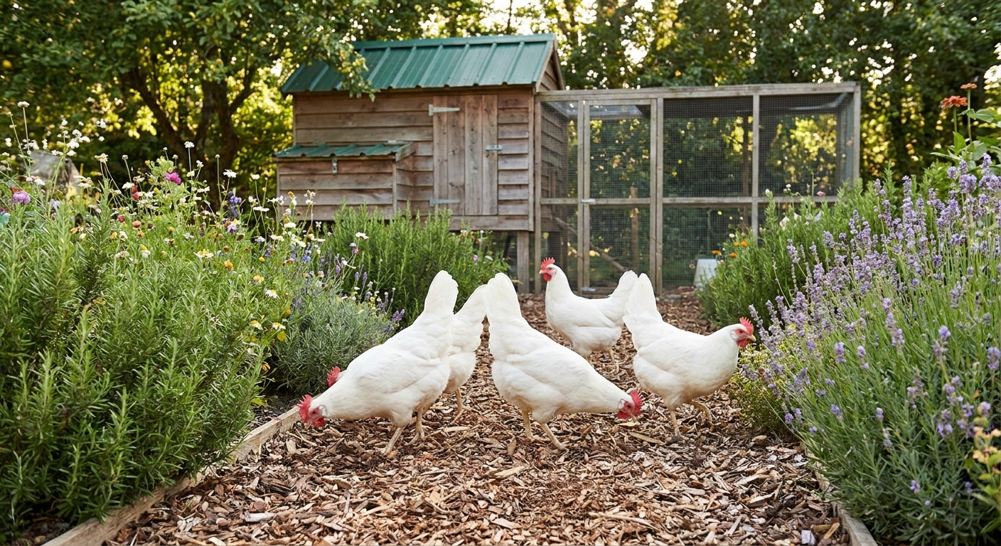 A small group of Leghorn chickens free-ranging along the edge of a garden bed, scratching in mulch near low shrubs with a coop in the background