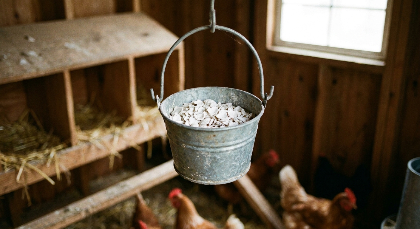 A small hanging cup feeder inside a chicken coop filled with white crushed oyster shell, with nesting boxes softly blurred behind it