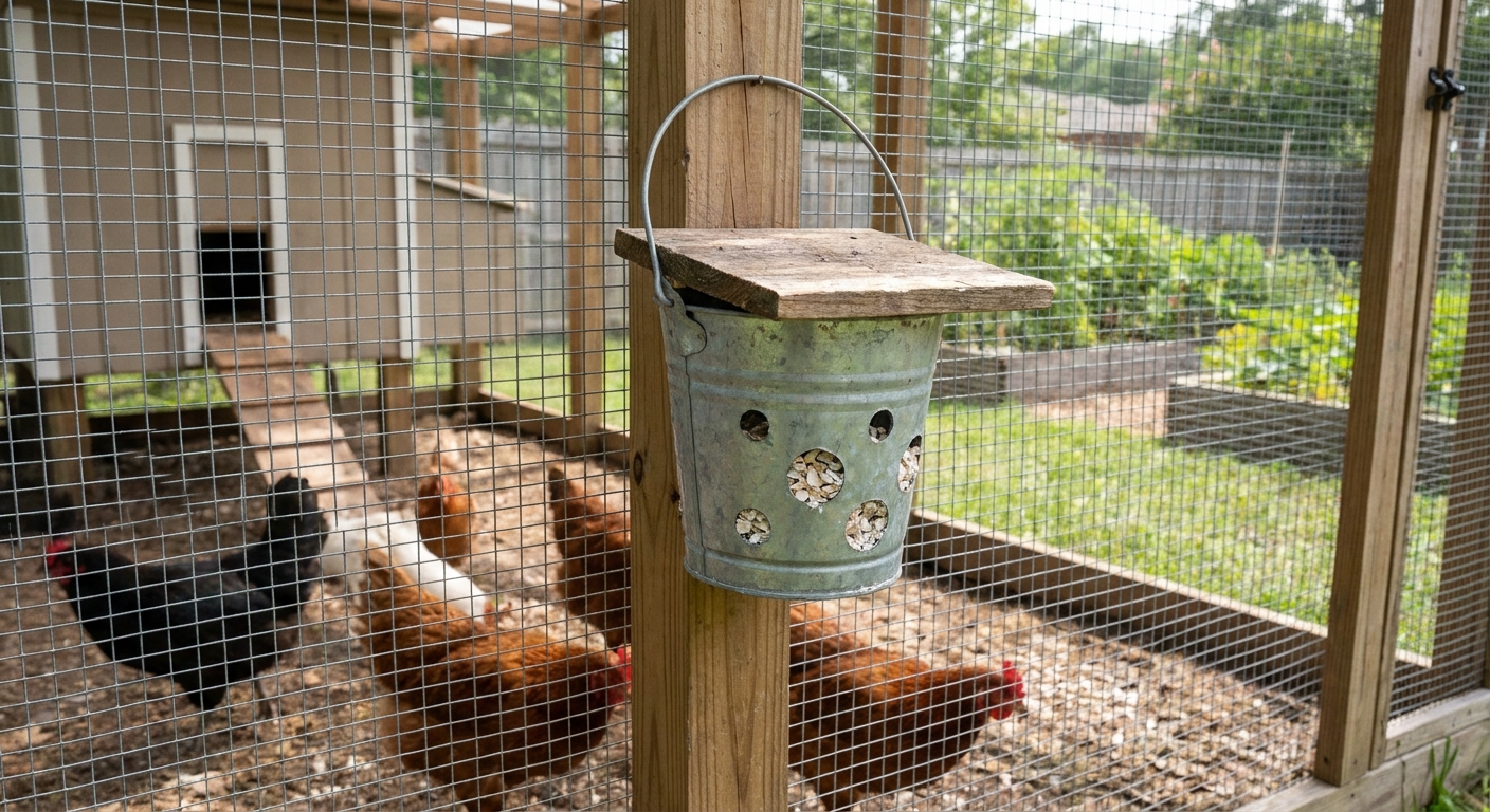 A small hanging feeder filled with crushed oyster shell mounted inside a backyard chicken run