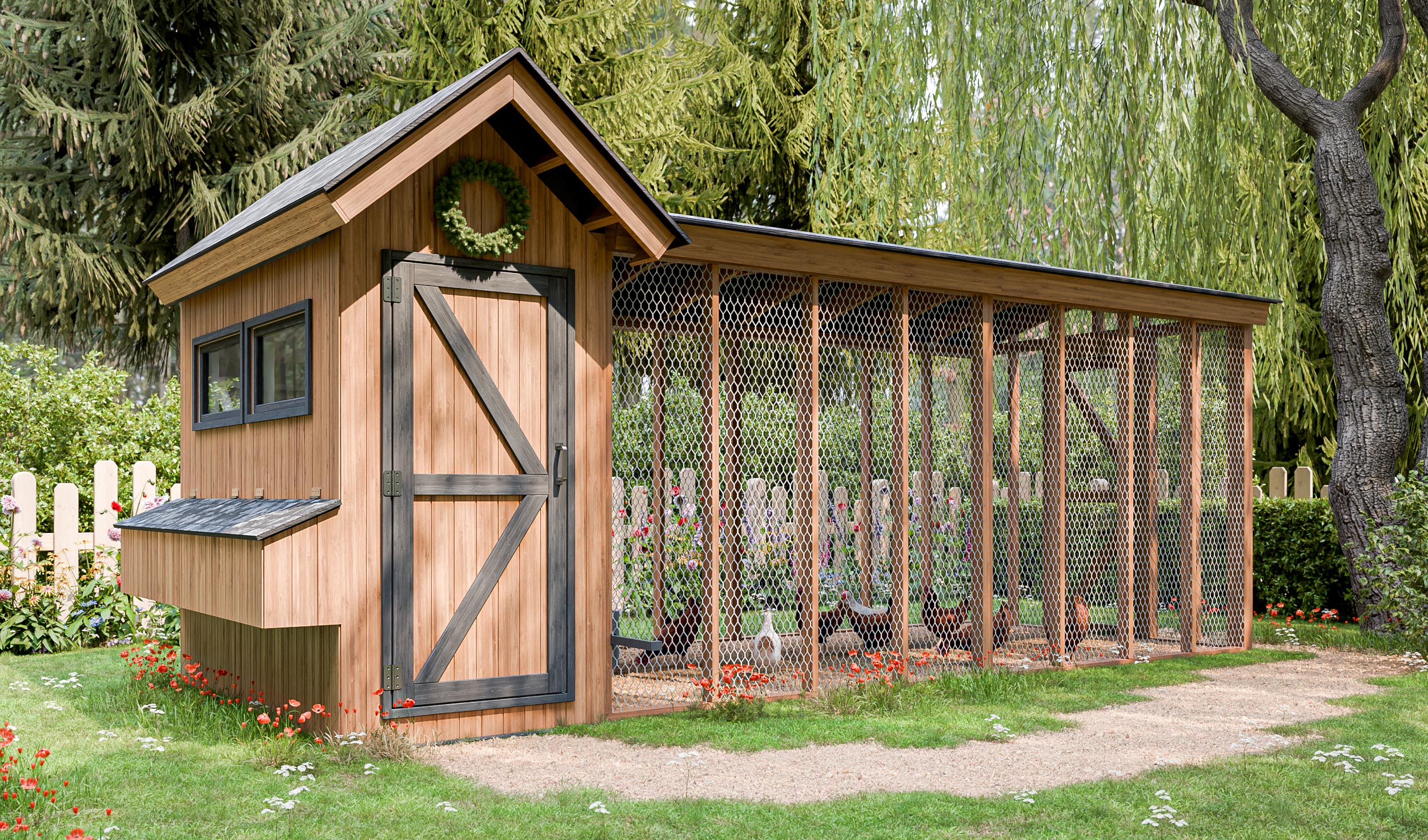 A well-built backyard chicken coop with an attached enclosed run on level grass, photographed in daylight