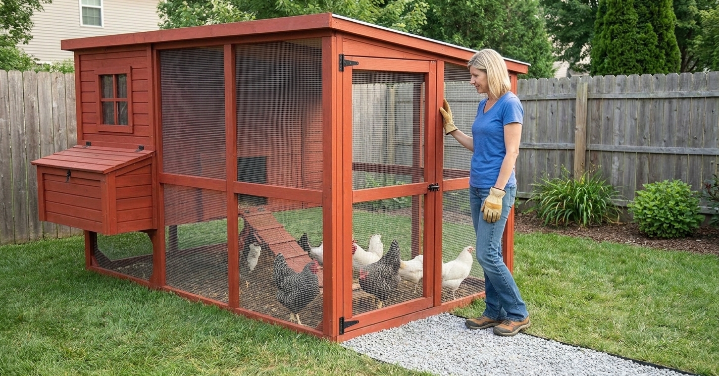 A well-kept backyard chicken coop with a predator-proof run, hardware cloth panels, and a clean entry area in a suburban yard.