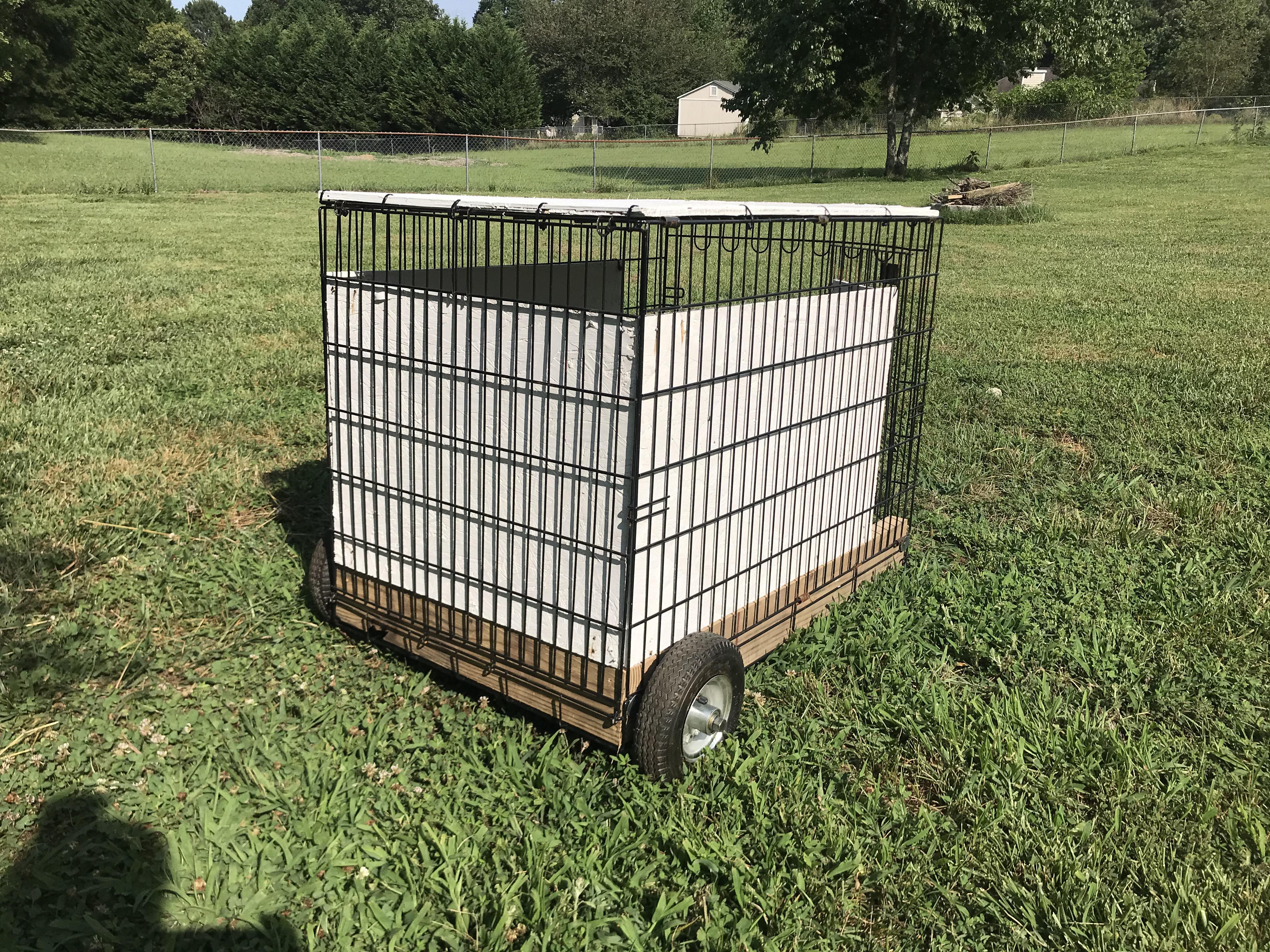 A wire dog crate set up as a broody breaker in a shaded garage area, with a shallow feed dish and water container clipped to the side