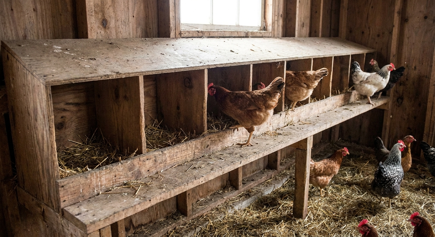 A wooden row of nesting boxes inside a chicken coop with a simple perch board mounted in front, giving hens a landing strip before stepping into a box