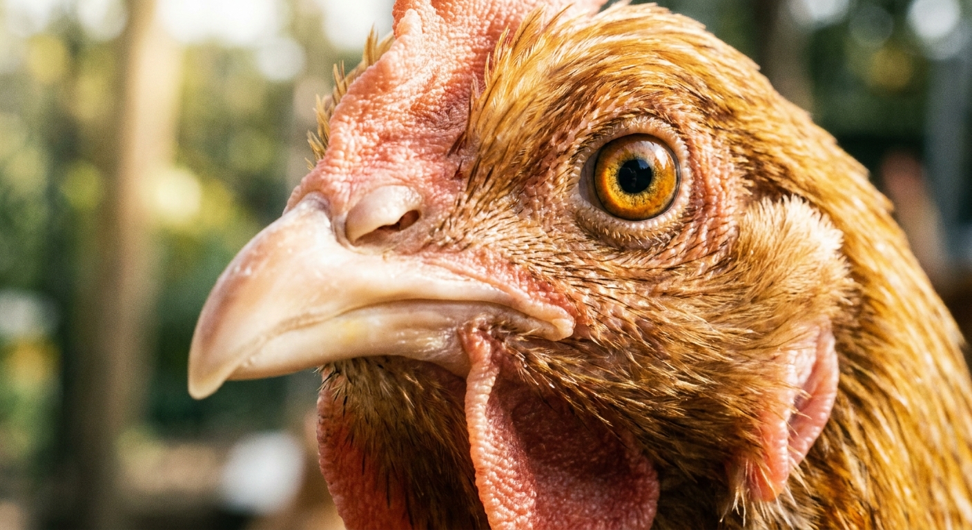 Close-up view of a hen's face showing a clean beak, clear nostrils, and bright eye in natural outdoor light