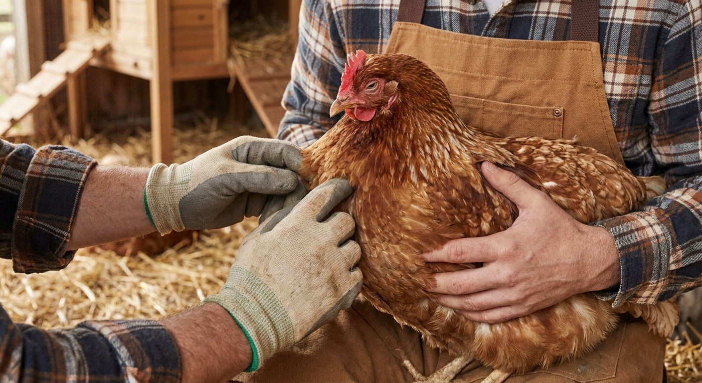 Hands gently palpating the crop area of a calm brown hen while she is supported against the keeper’s body