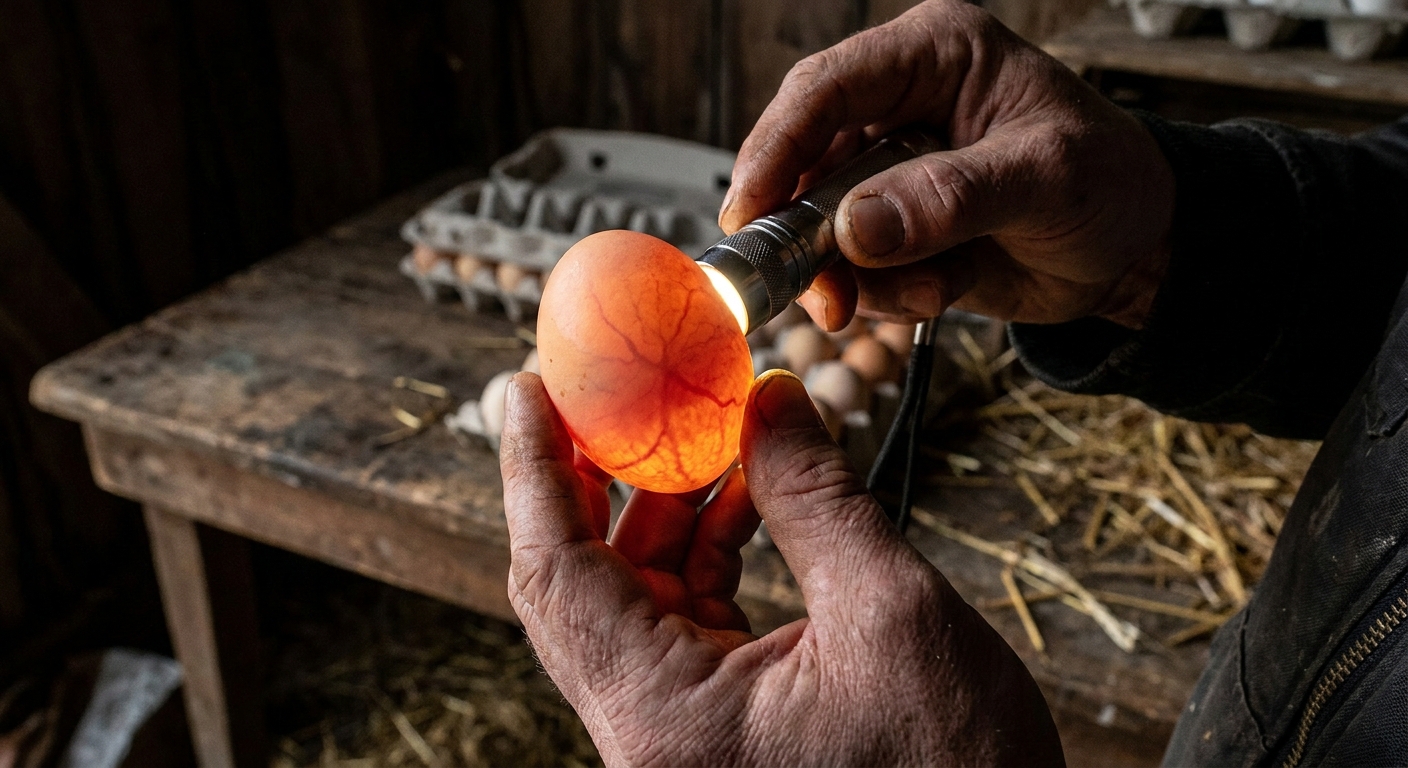 Hands hold a light brown egg while a flashlight shines through the shell during candling.