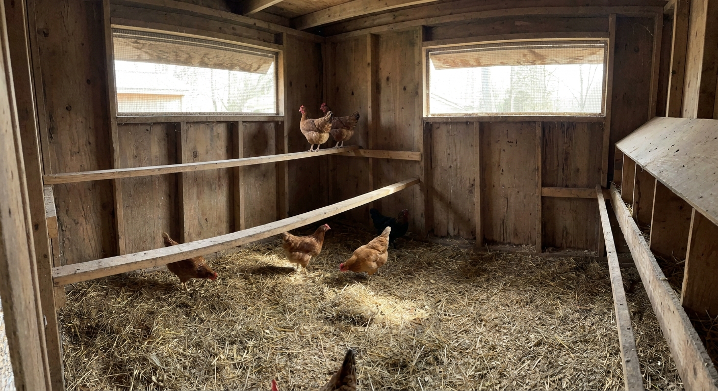 Inside a backyard chicken coop showing roost bars positioned well below high wall vents, with dry litter on the floor and daylight coming through screened openings